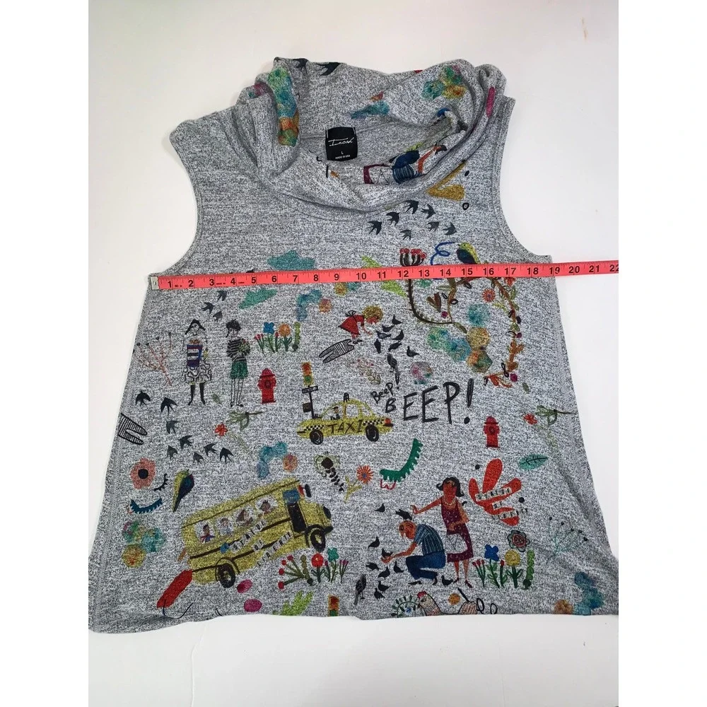 INoah Womens Cowl Neck Sleeveless Tunic Gray School Bus, Statue of Liberty Sz Lg